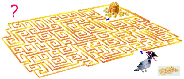 Jogo de quebra-cabeça lógica com labirinto. Necessidade de desenhar o caminho do corvo até o tesouro . — Vetor de Stock