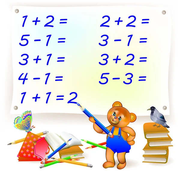 Educational page with exercises for children on addition and subtraction. Help the bear to solve examples and write the numbers. Developing skills for counting. — Stock Vector