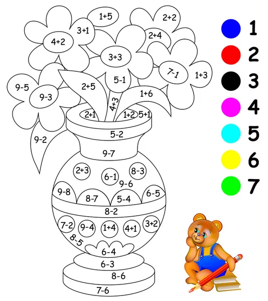 Lernseite mit Übungen für Kinder über Addition und Subtraktion. müssen Bild in relevanter Farbe malen. — Stockvektor