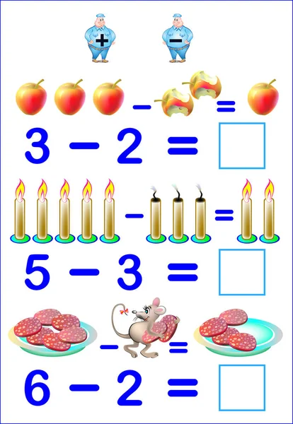 Εκπαιδευτική σελίδα για παιδιά με ασκήσεις για αφαίρεση. Ανάγκη να λύσετε τα παραδείγματα και να γράψετε τις απαντήσεις. — Διανυσματικό Αρχείο