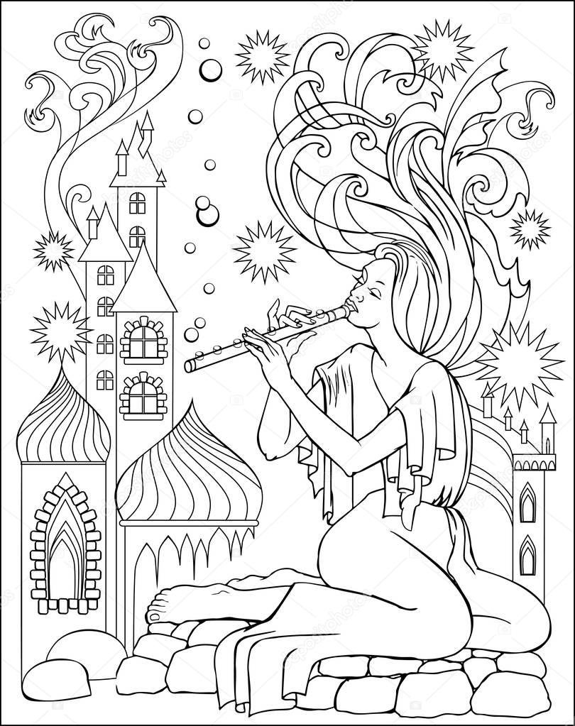 Black and white illustration of fairy playing the flute for coloring. Worksheet for children and adults.