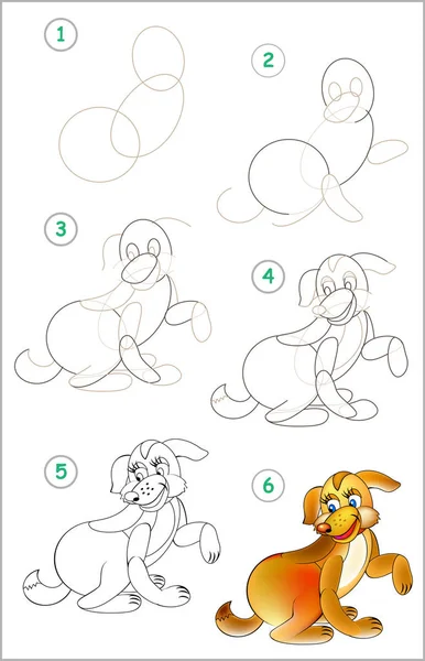 A página mostra como aprender passo a passo a desenhar um cão. Desenvolvimento de habilidades infantis para desenhar e colorir . —  Vetores de Stock