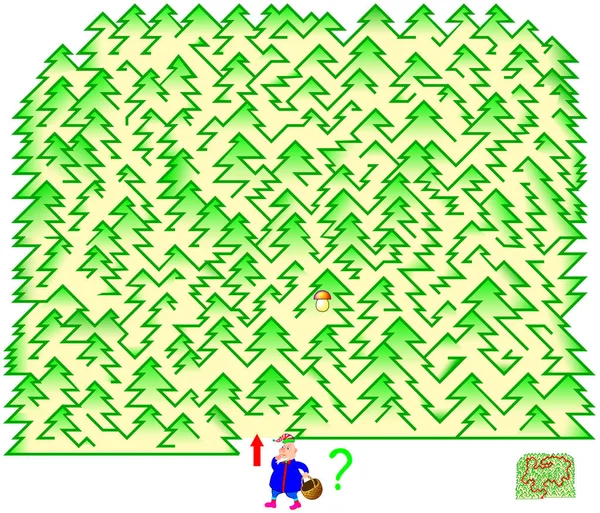 Lógica juego de puzzle con laberinto para niños y adultos. Necesidad de dibujar el camino en el bosque desde el inicio hasta el hongo . — Vector de stock