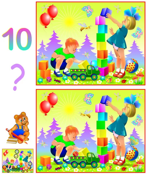 Logik-Puzzlespiel für kleine Kinder. müssen zehn Unterschiede finden. Fähigkeiten für das Zählen entwickeln. — Stockvektor