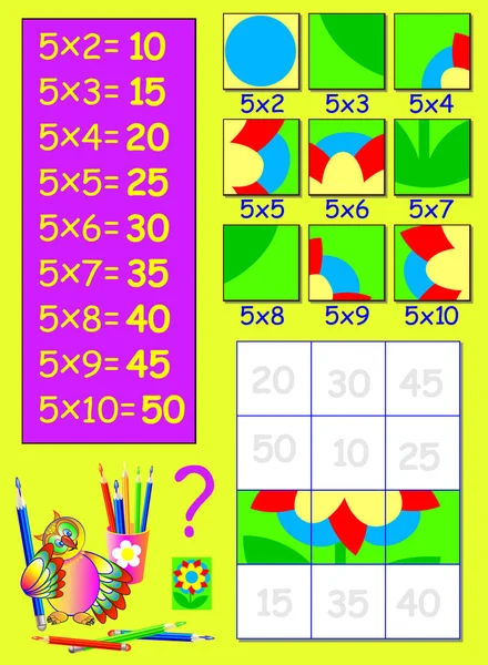 Exercice pour les enfants avec multiplication par cinq. Besoin de peindre les carrés dans la couleur appropriée. Jeu de puzzle logique . — Image vectorielle
