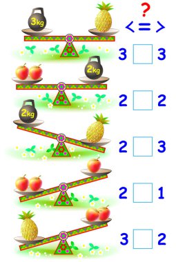 Genç çocuklar için matematik egzersizleri ile eğitim sayfası. Boş kareleri doğru işaretleri yazmak gerekir.
