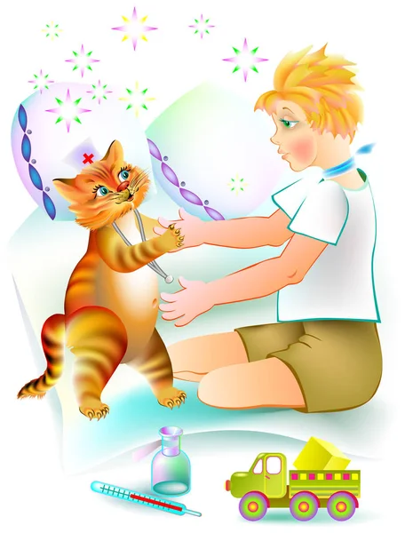 Bonito gato rojo trata al chico enfermo. Ilustración del cuento infantil . — Vector de stock