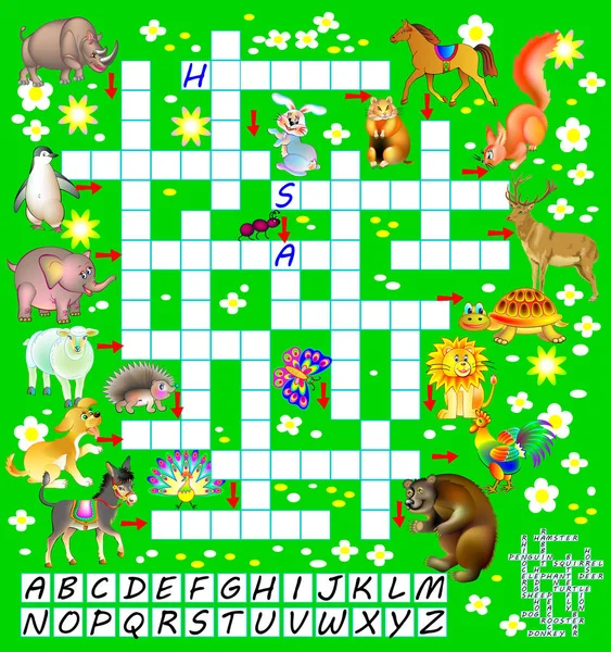 재미 있은 동물 낱말 퍼즐 게임입니다. 공부 영어 단어에 대 한 어린이 들을 위한 교육 페이지. — 스톡 벡터