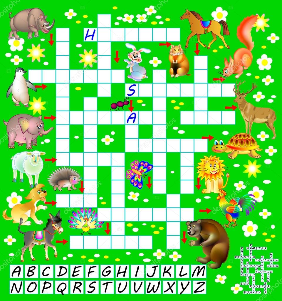 Crossword puzzle game with funny animals. Educational page for children for study English words.