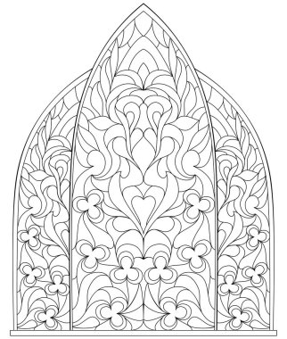 Siyah ve beyaz sayfa boyama. Vitray Ortaçağ tarzı ile güzel Gotik Windows çizim fantezi. Çocuklar ve yetişkinler için çalışma sayfası.