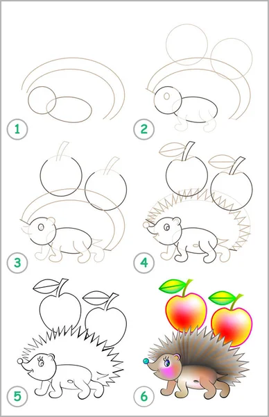 A página mostra como aprender passo a passo para desenhar um ouriço. Desenvolvimento de habilidades infantis para desenhar e colorir . —  Vetores de Stock