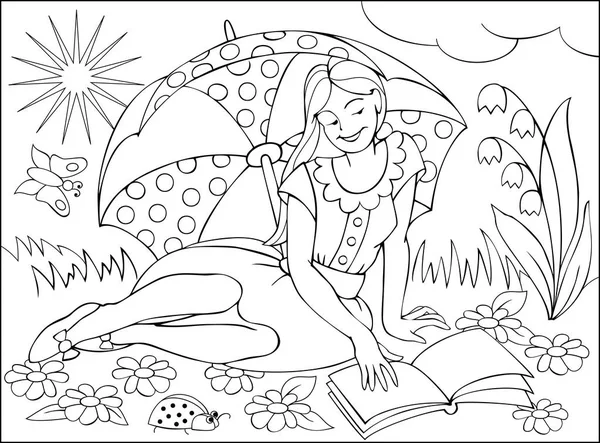 Página con dibujo en blanco y negro para colorear. Ilustración de una hermosa chica leyendo el libro . — Archivo Imágenes Vectoriales