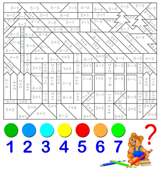 Feuille de calcul mathématique pour les enfants sur l'addition et la soustraction. Besoin de résoudre des exemples et de peindre l'image dans les couleurs pertinentes . — Image vectorielle