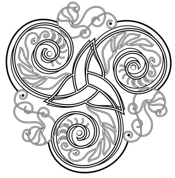 Celtic disk ornament with triple spiral symbol, black and white image. — Stock Vector