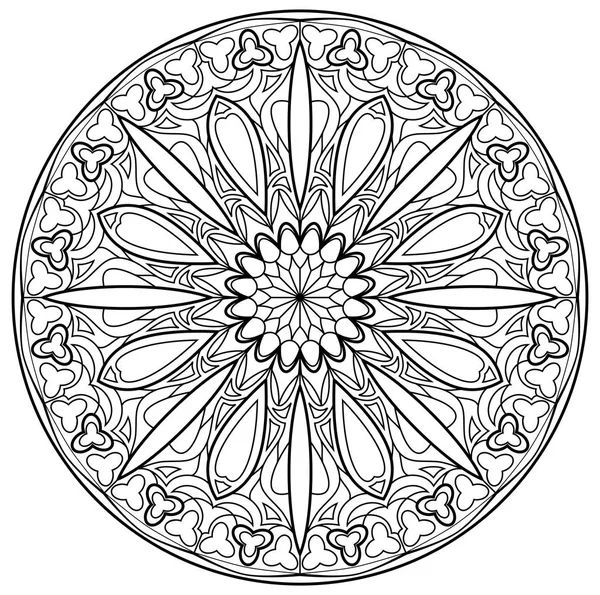 Black and white page for coloring. Fantasy drawing of beautiful Gothic rose window with stained glass in medieval style.  Worksheet for children and adults. — Stock Vector