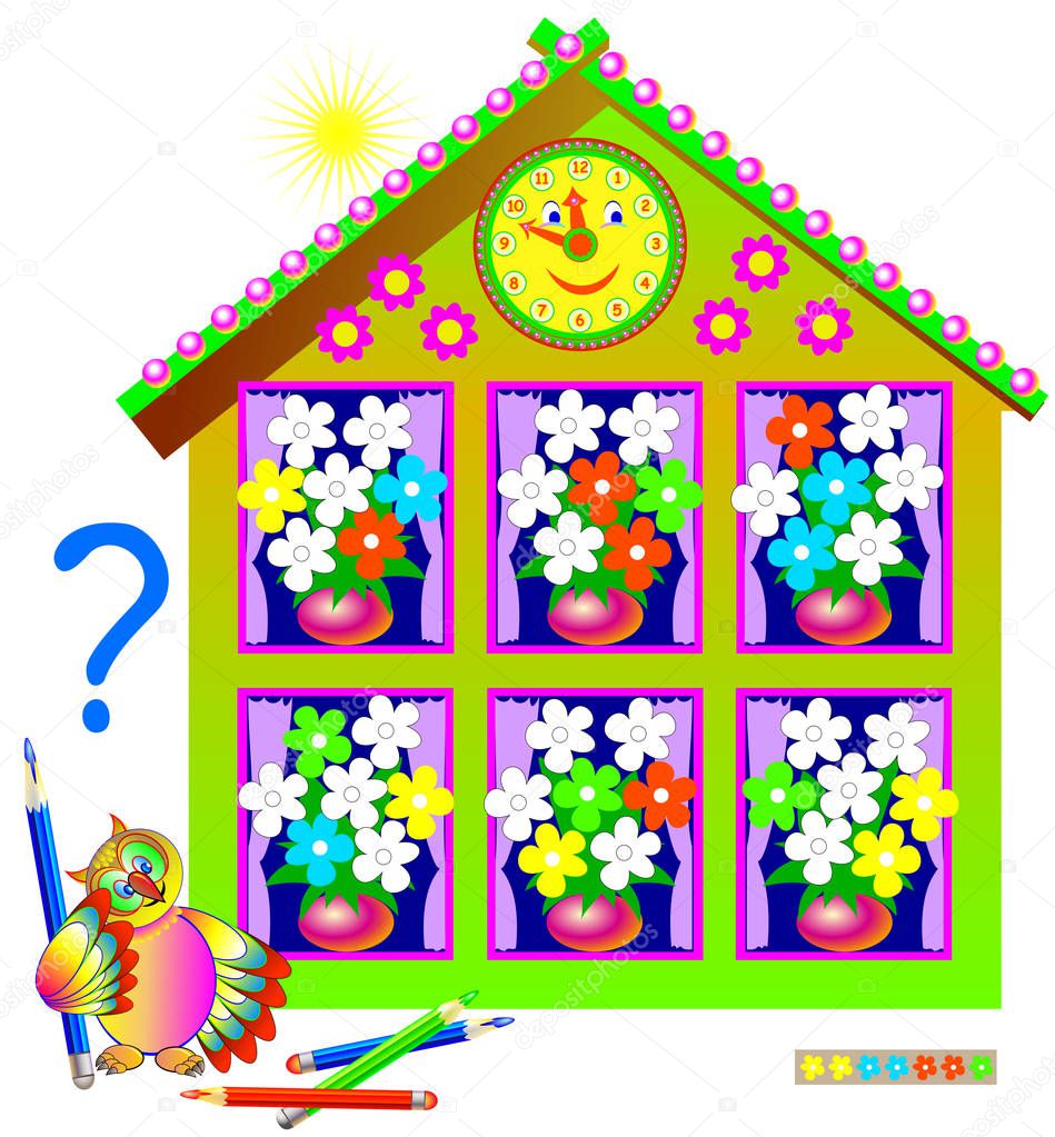 Logic puzzle game for young children. Need to paint the white flowers so that each bouquet will contain the same set.