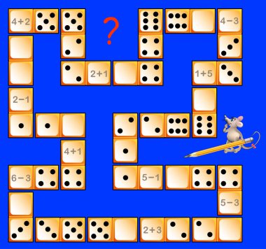 Mantık bulmaca oyun Domino olan çocuklar için. Örnekler çözün. Karşılık gelen nokta sayısını devre kapatmak için doğru yerlerde çizmek.