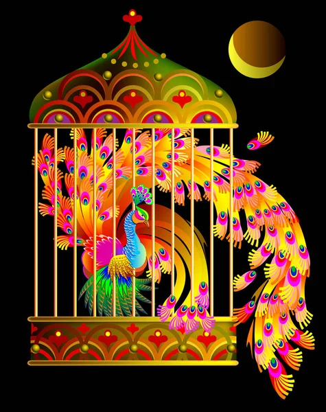 Illustration eines fantastischen Feuervogels in einem goldenen Käfig aus dem Märchenland. — Stockvektor