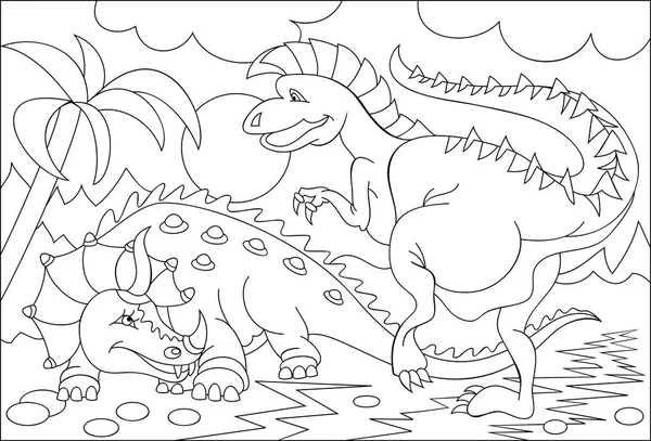 Black and white page for coloring. Fantasy drawing of two funny dinosaurs. Worksheet for children and adults. — Stock Vector