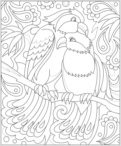 Σελίδα μαύρο και άσπρο χρωματισμό. Φανταστικό σχέδιο δυο πουλιά. Φύλλο εργασίας για παιδιά και ενήλικες. — Διανυσματικό Αρχείο