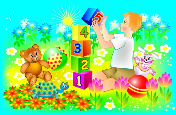 Illustration eines kleinen Jungen, der im Sommergarten mit Spielzeug spielt. — Stockvektor