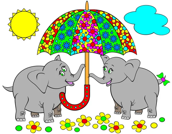 Illustration of two fanny elephants holding umbrella. — Stock Vector