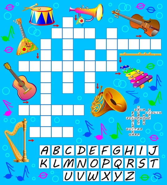 Crucigrama juego de puzzle con instrumentos musicales. Página educativa para niños para estudiar palabras en inglés . — Vector de stock