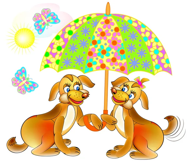 Illustratie van twee leuke honden houden paraplu. — Stockvector