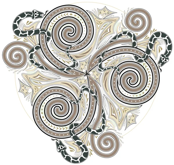 Illustrazione dell'ornamento del disco celtico con triplo simbolo a spirale e serpenti . — Vettoriale Stock