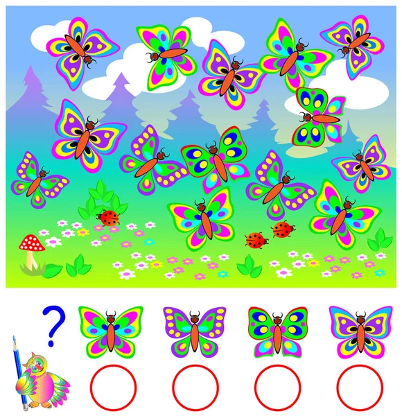 Página educativa para niños. Cuenta mariposas idénticas y escribe los números correspondientes en los círculos. Lógica rompecabezas juego . — Vector de stock