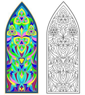Colorful and black and white pattern of Gothic stained glass window. clipart
