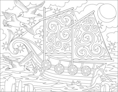Sayfa siyah beyaz çizim fantastik Celtic gemi boyama ile. Çocuklar ve yetişkinler için çalışma sayfası. 