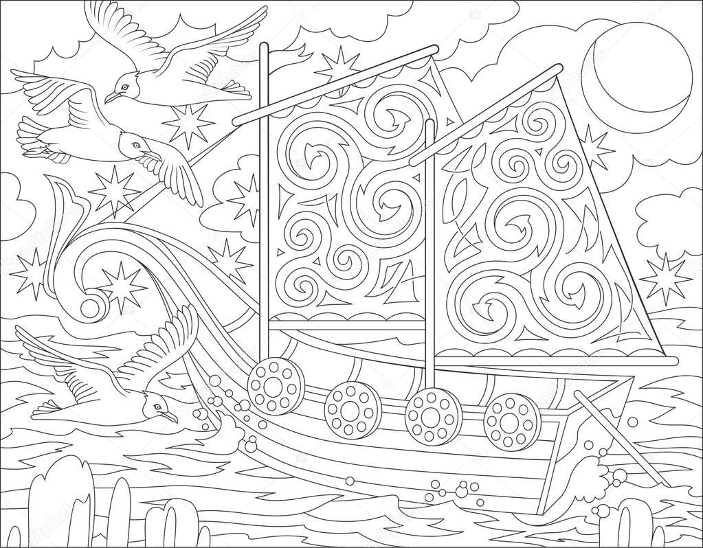 Page with black and white illustration of fantasy Celtic ship for coloring. Worksheet for children and adults. 