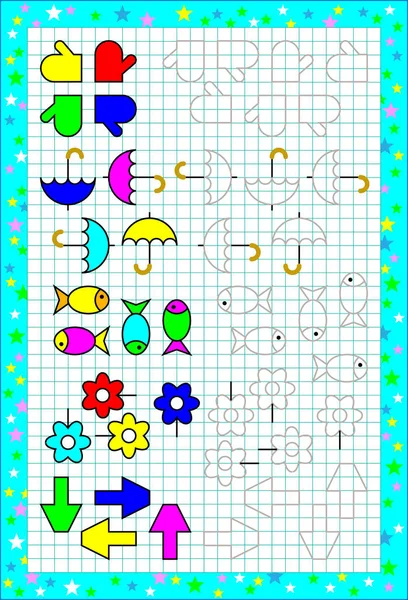 Arbeitsblatt für kleine Kinder auf quadratischem Papier. Logikrätsel. müssen die Figuren richtig malen. — Stockvektor