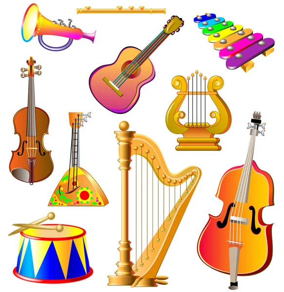 Set of different musical instruments on white background. — Stock Vector