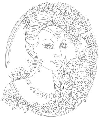 Siyah ve beyaz sayfa boyama. Fantezi güzel kadın portresi. Çocuklar ve yetişkinler için çalışma sayfası.