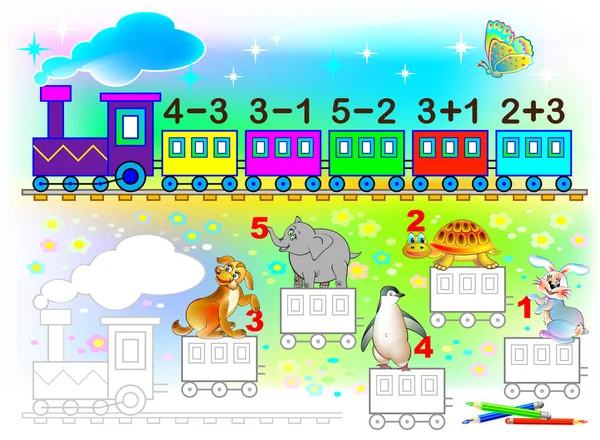 Hoja de trabajo matemática para niños pequeños sobre adición y resta. Necesidad de resolver ejemplos y pintar los vagones de tren en colores relevantes . — Vector de stock