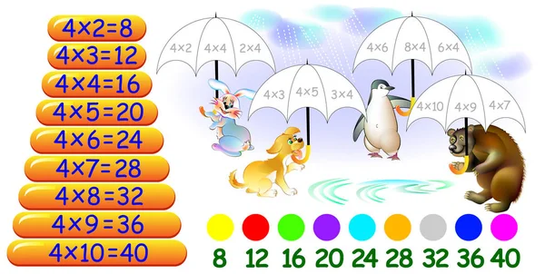 Übung für Kinder mit Multiplikation mit vier. Regenschirme müssen in relevanten Farben gestrichen werden. — Stockvektor