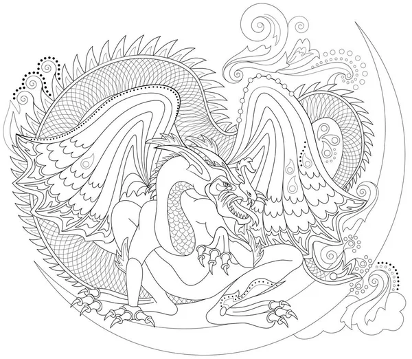 Черно-белая страница для раскраски. Фантастический рисунок кельтского дракона. Рабочая таблица для детей и взрослых . — стоковый вектор