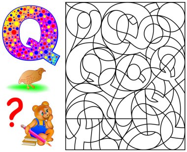 Harf Q çalışma İngilizce harfler için eğitim sayfası. Mantık bulmaca. Bulmak ve 5 harf Q boya.