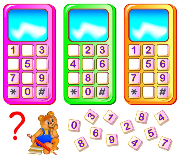 Worksheet for young children. Help the bear to repair mobile phones. Find the missing numbers and write them on the correct places. Logic puzzle game. — Wektor stockowy