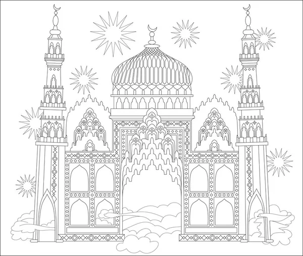 Black and white page for coloring. Fantastic Arab castle from a fairy tale. Worksheet for children and adults. — Stock Vector