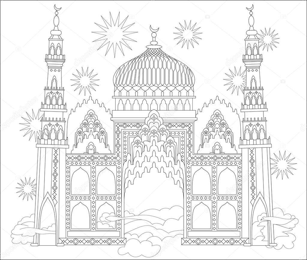 Black and white page for coloring. Fantastic Arab castle from a fairy tale. Worksheet for children and adults. 