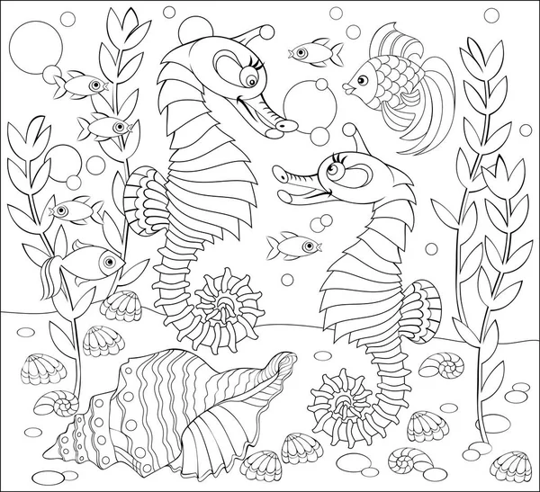 Σελίδα μαύρο και άσπρο χρωματισμό. Φανταστικό σχέδιο της υποβρύχιας ζωής της με δύο ιππόκαμπους. Φύλλο εργασίας για παιδιά και ενήλικες. — Διανυσματικό Αρχείο