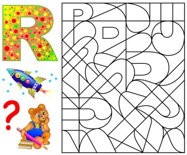 Eğitim sayfası ile çalışma İngilizce harfler için R harfi. Mantık bulmaca. Bulmak ve 5 harf R boya.