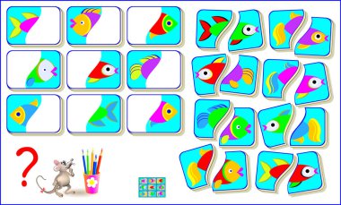 Mantık bulmaca oyunu çocuklar için. Her balık ikinci parçaları bulmak için ve onları boş yerlere çizmeye gerek.