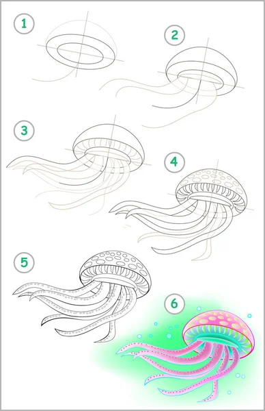 Page montre comment apprendre étape par étape pour dessiner une méduse de natation. Développer les compétences des enfants pour dessiner et colorier . — Image vectorielle