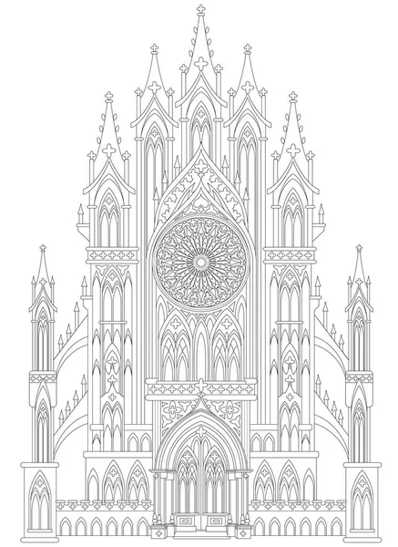 Desenho de fantasia do castelo gótico medieval. Página em preto e branco para colorir. Ficha de trabalho para crianças e adultos . — Vetor de Stock
