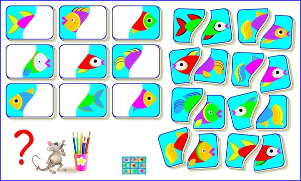 Jogo de quebra-cabeça lógica para crianças. Necessidade de encontrar a segunda parte de cada peixe e desenhá-los em lugares vazios . —  Vetores de Stock