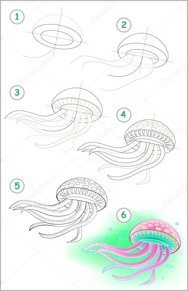 Page shows how to learn step by step to draw a swimming medusa. Developing children skills for drawing and coloring. 